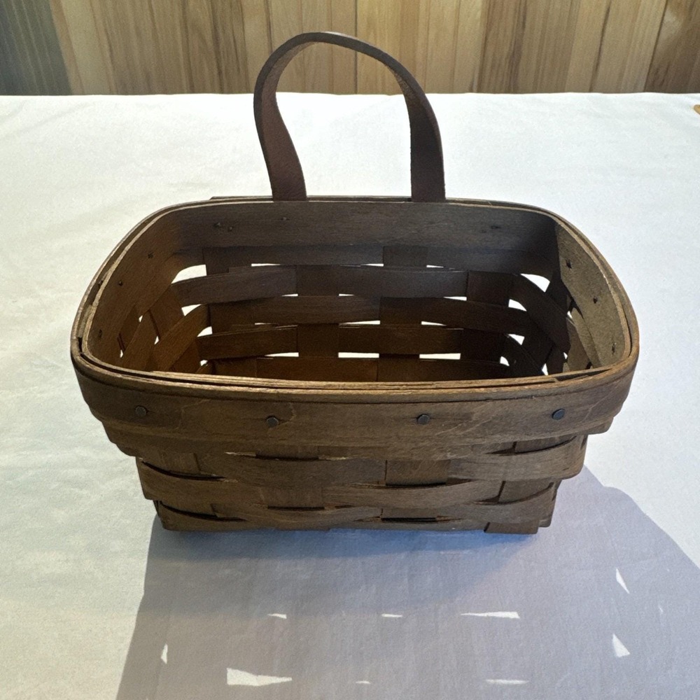 Longaberger Small Hanging Wall Basket Leather Strap & Sawtooth Hanger Signed '84